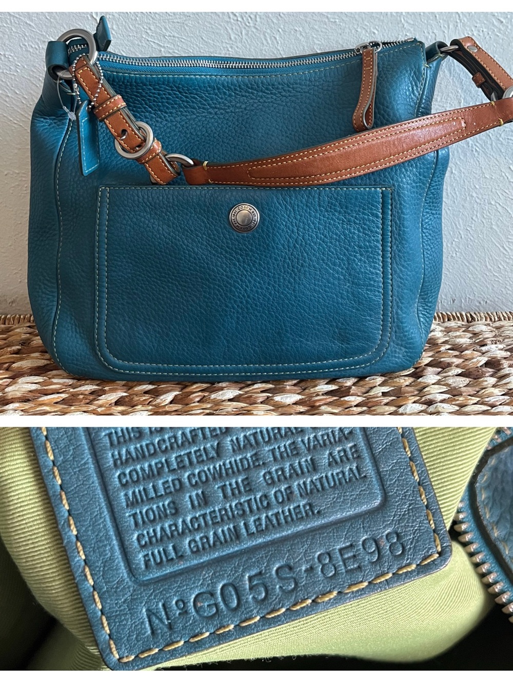 Coach Vintage g05s-8e98 Chelsea Pebbled Leather hobo bag blue green